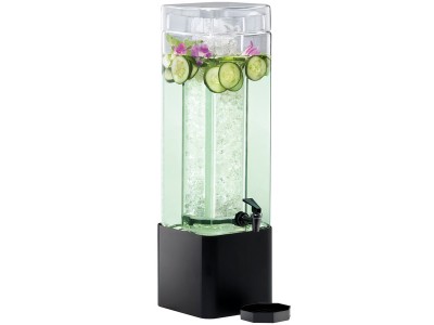 Classic 3 Gallon Square Acrylic Beverage Dispenser with Black Metal Base and Ice Chamber