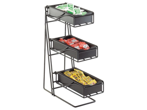 Midnight Black 3-Tier Metal Flatware / Condiment Display with Bamboo Bins