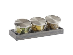 Mixology Ashwood Three 32 oz. Jar Display with Cooling Bases and Metal Lids - 17 1/4" x 7" x 5"