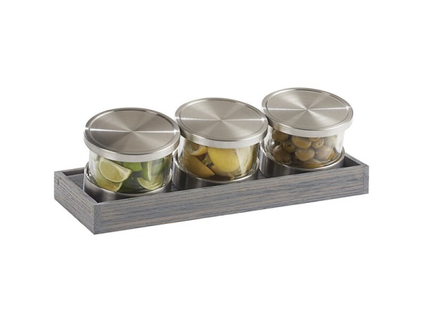 Mixology Ashwood Three 32 oz. Jar Display with Cooling Bases and Metal Lids - 17 1/4" x 7" x 5"