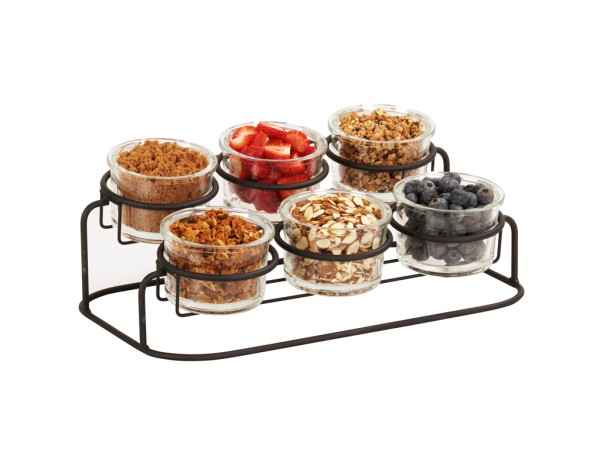 Madison 16" x 9 1/4" x 6" Black 2-Tier Condiment Display with (6) 16 oz. Jars