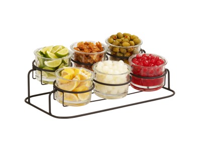 Madison 19" x 11" x 5 1/4" Black 2-Tier Condiment Display with (6) 32 oz. Jars