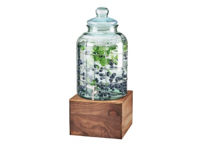 Mid-Century 2 Gallon Glass Beverage Dispenser with Walnut Base and Ice Chamber